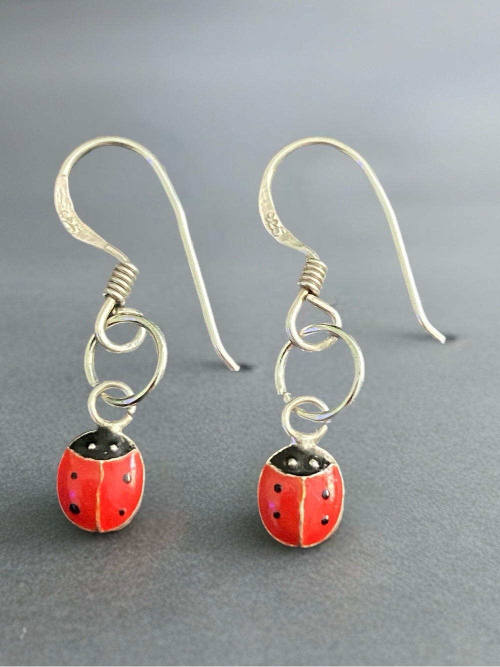 Sterling Silver Red Ladybug Drop Earrings -